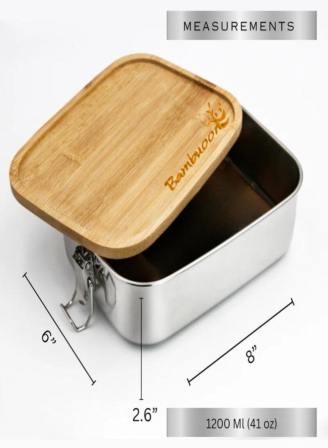 Bambuood Premium Stainless Steel Bento Lunch Box. Eco-Friendly Meal Storage, Food Container With 100% Leak-Proof Bamboo Lid. For Adults, Work, Travel Use. Free Bamboo Cutlery. LARGE (41 oz) - Image 2